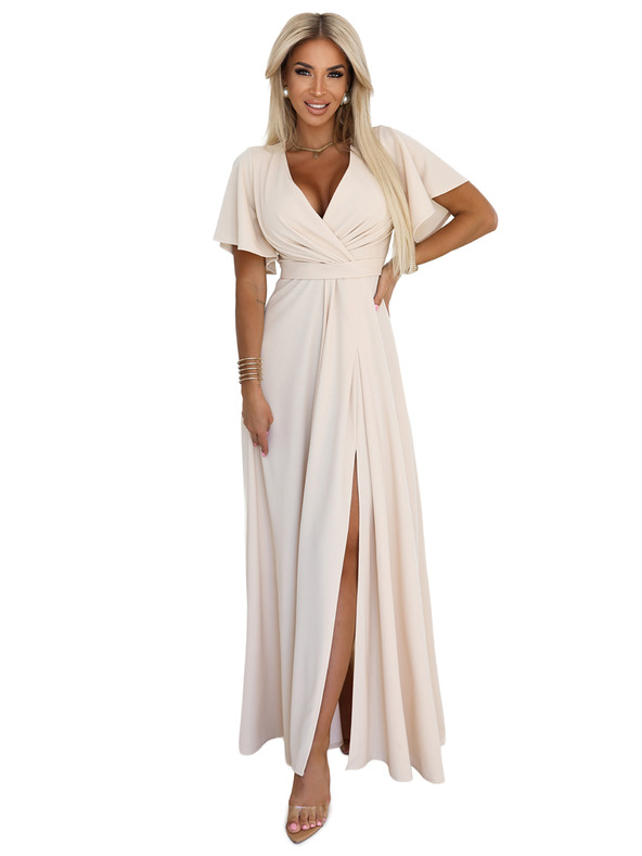 numoco JENNIFER dolge obleke z razporkom na nogi, rokavi in izrezom - bež