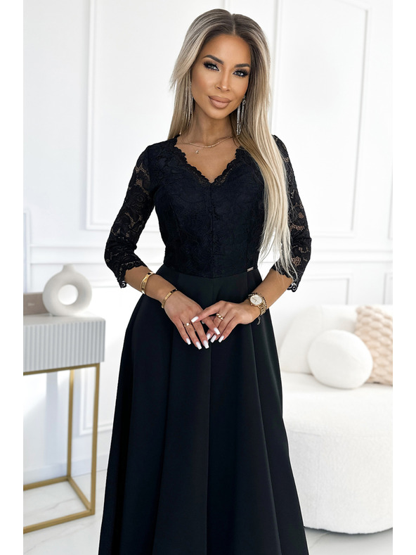 numoco AMBER čipkaste, elegantne dolge obleke z izrezom in razporkom na nogavicah - črne