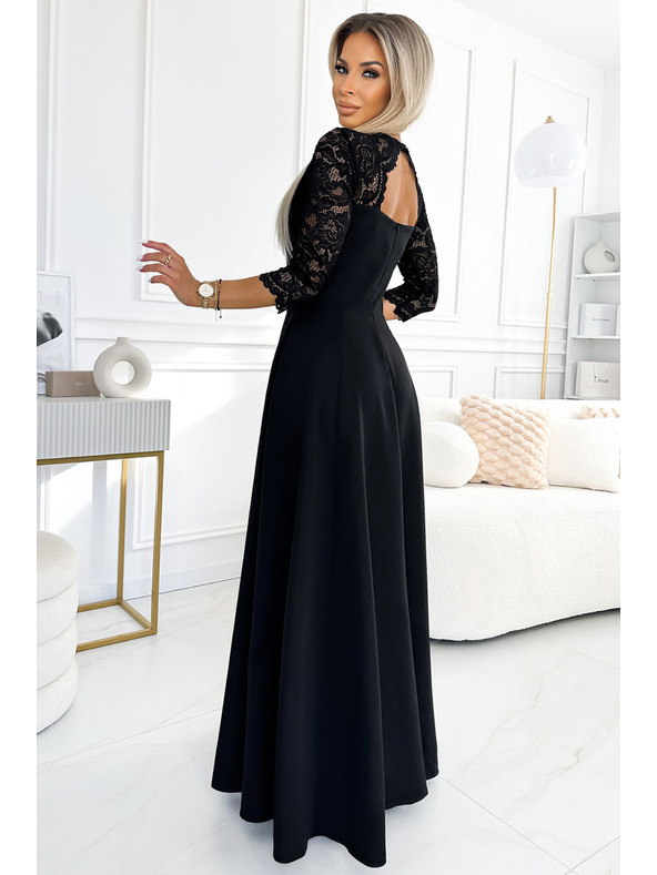 numoco AMBER čipkaste, elegantne dolge obleke z izrezom in razporkom na nogavicah - črne