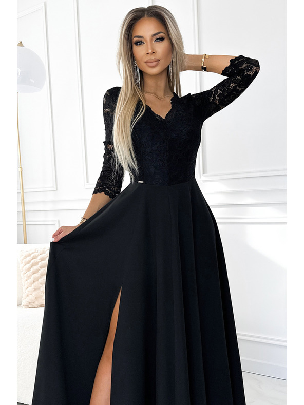 numoco AMBER čipkaste, elegantne dolge obleke z izrezom in razporkom na nogavicah - črne