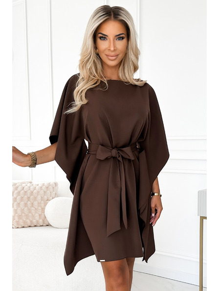 numoco SOFIA Metuljaste obleke z vezavo v pasu - čokoladna barva