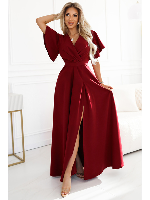 numoco JENNIFER dolge obleke z razporkom na nogavicah, rokavu in izrezom - vinsko rdeča barva