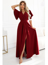 numoco JENNIFER dolge obleke z razporkom na nogavicah, rokavu in izrezom - vinsko rdeča barva