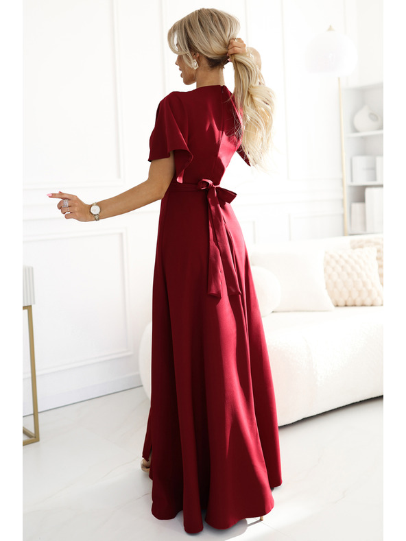 numoco JENNIFER dolge obleke z razporkom na nogavicah, rokavu in izrezom - vinsko rdeča barva