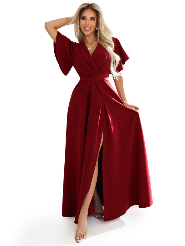 numoco JENNIFER dolge obleke z razporkom na nogavicah, rokavu in izrezom - vinsko rdeča barva