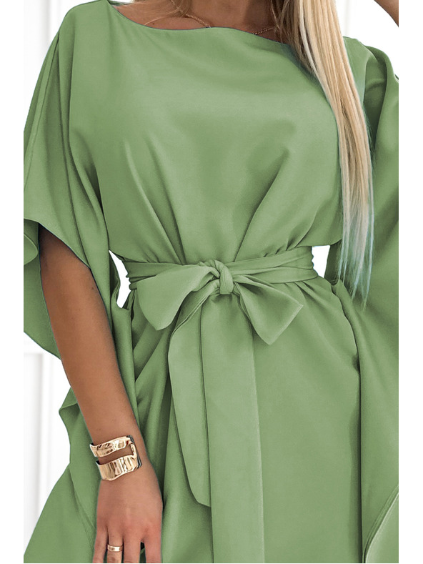 numoco SOFIA Metuljaste obleke z vezavo v pasu - olivna barva