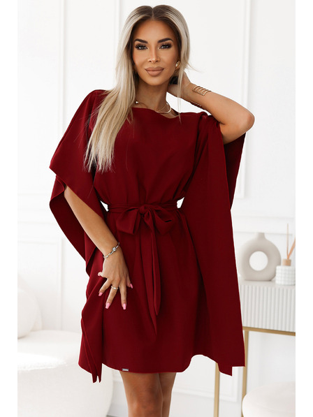 numoco SOFIA Metuljaste obleke z vezavo v pasu - vinsko rdeča barva