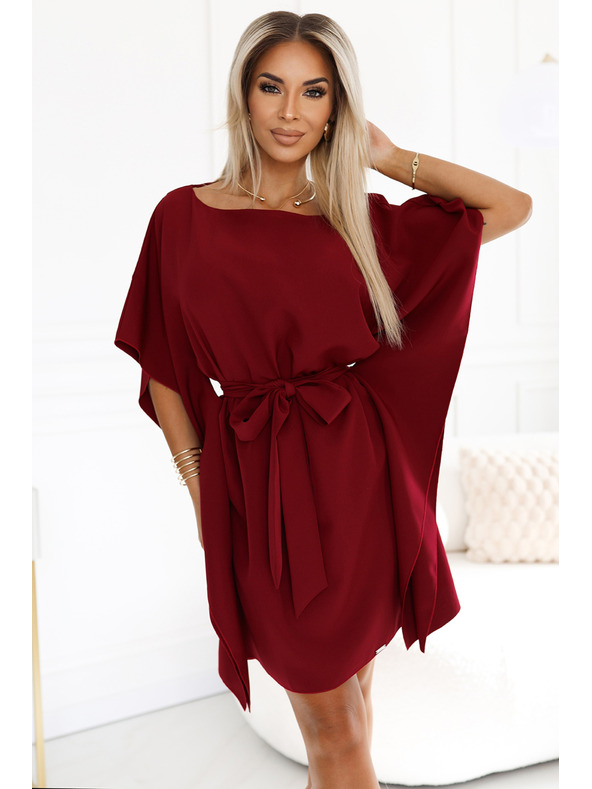 numoco SOFIA Metuljaste obleke z vezavo v pasu - vinsko rdeča barva