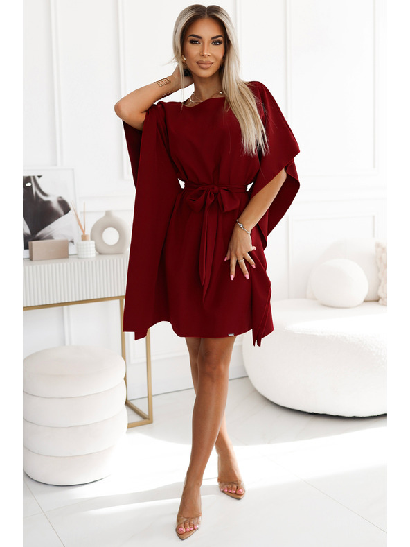 numoco SOFIA Metuljaste obleke z vezavo v pasu - vinsko rdeča barva