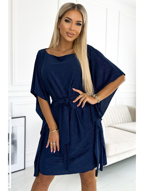 numoco SOFIA Metuljaste obleke z vezavo v pasu - temno modra z bleščicami