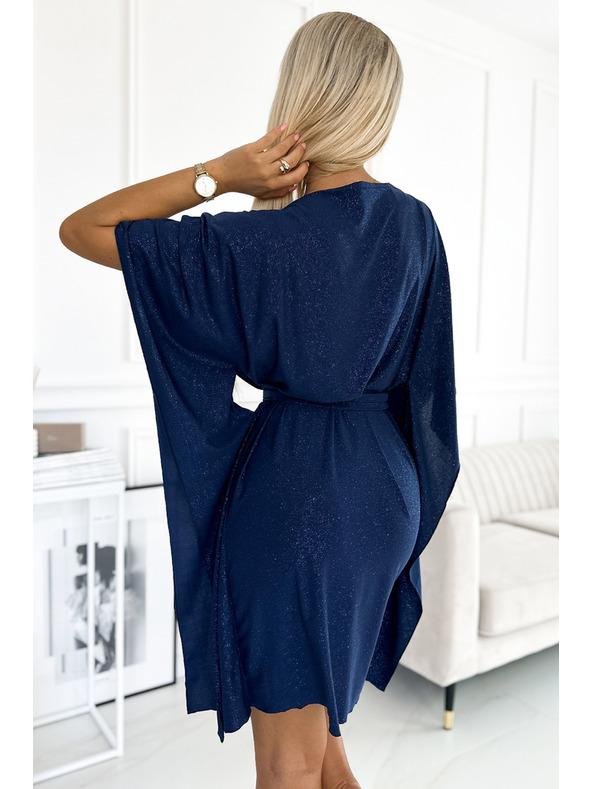 numoco SOFIA Metuljaste obleke z vezavo v pasu - temno modra z bleščicami