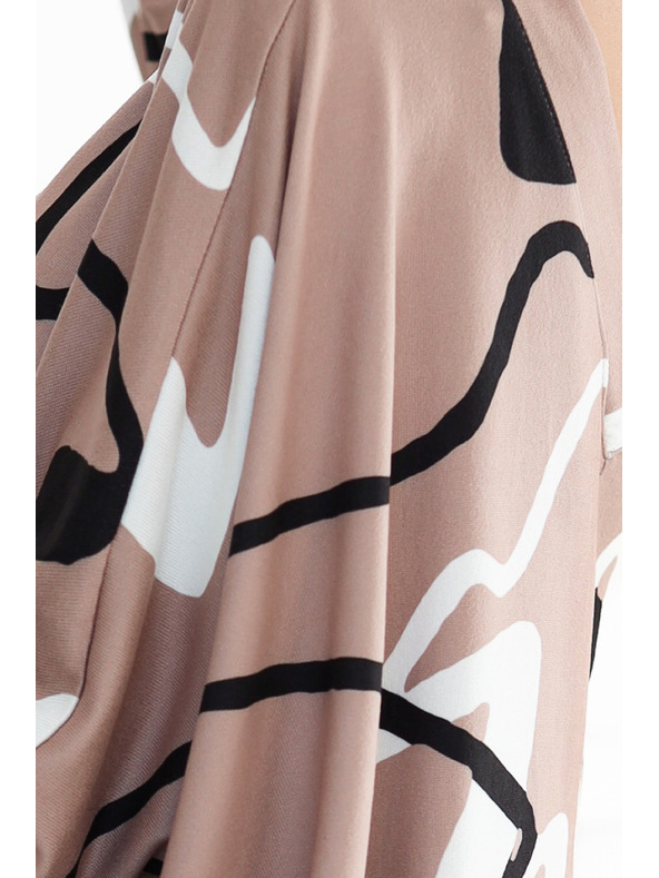 numoco Udobne netopirske obleke z izrezom - bež z črno-belim vzorcem