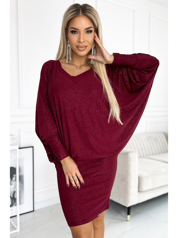 numoco Netopirske obleke z izrezom - vinsko rdeča barva z bleščicami