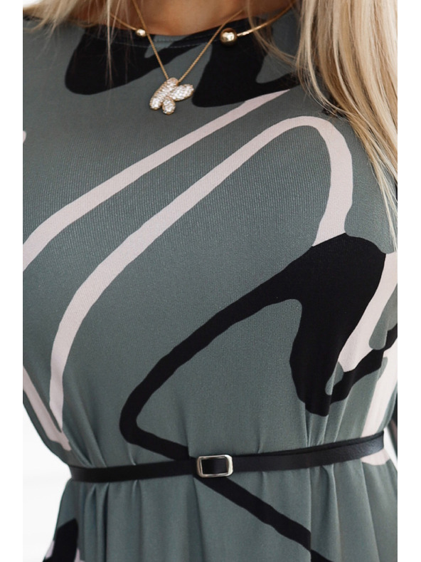 numoco Trapezne pletene obleke z pasom - olivne z črno-bež vzorcem