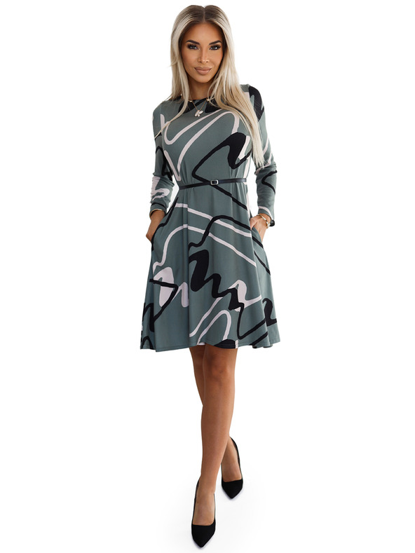 numoco Trapezne pletene obleke z pasom - olivne z črno-bež vzorcem