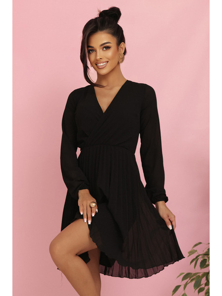 numoco ISABELLE Poljske nagubane obleke z dolgimi rokavi in izrezom - črne