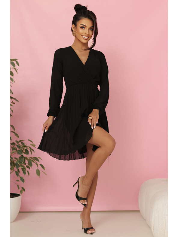 numoco ISABELLE Poljske nagubane obleke z dolgimi rokavi in izrezom - črne