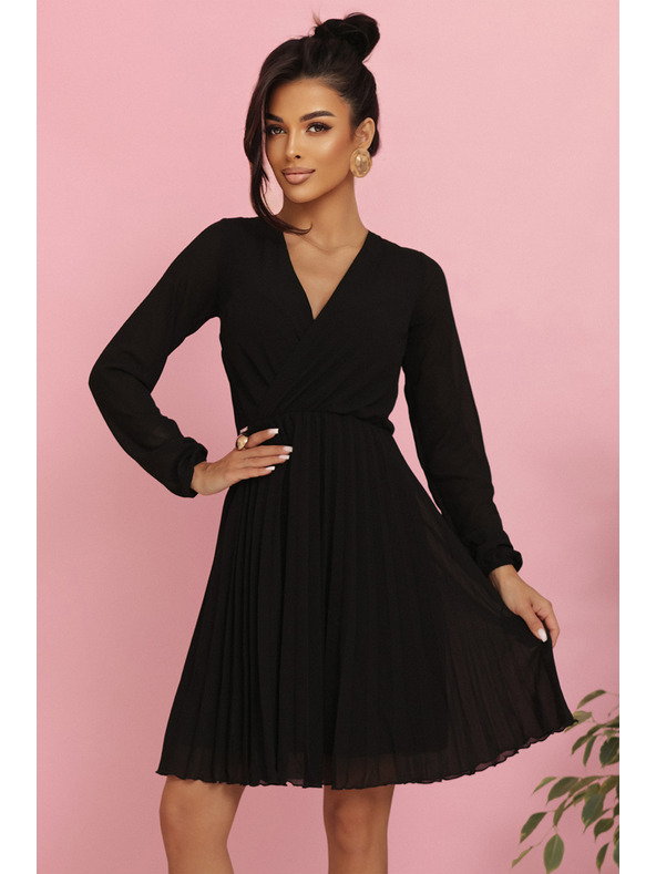 numoco ISABELLE Poljske nagubane obleke z dolgimi rokavi in izrezom - črne