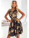 numoco Črne midi obleke z elegantnim zgornjim delom in razširjenim spodnjim delom - zlati listi