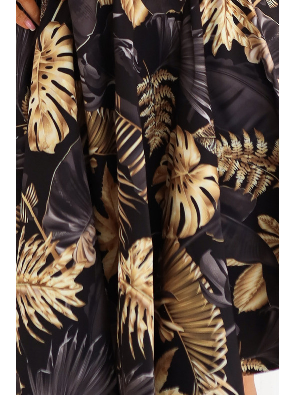 numoco Črne midi obleke z elegantnim zgornjim delom in razširjenim spodnjim delom - zlati listi