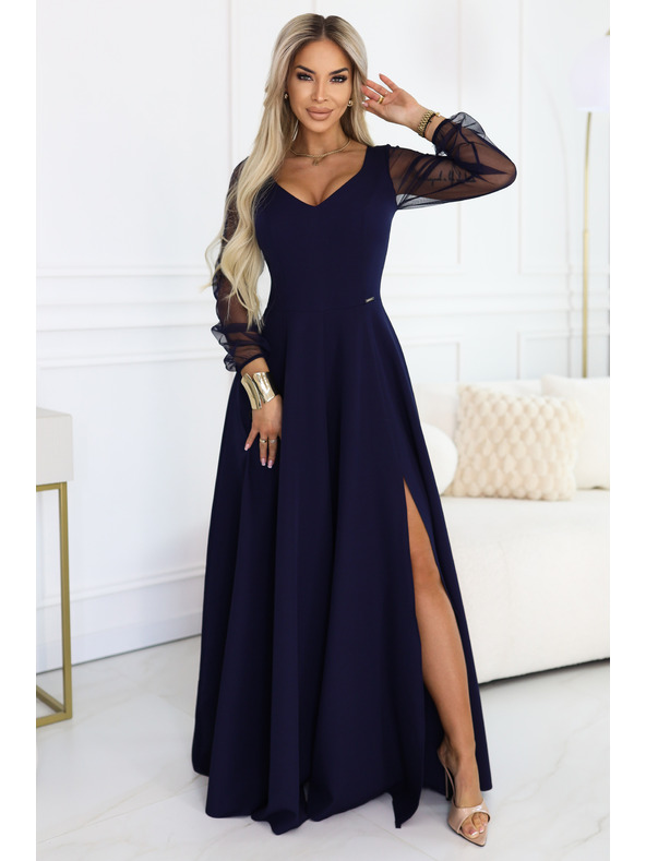 numoco LORETTA edinstvene dolge obleke z tančicami rokavi in izrezom - temno modra