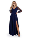 numoco LORETTA edinstvene dolge obleke z tančicami rokavi in izrezom - temno modra