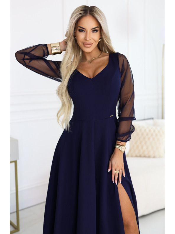 numoco LORETTA edinstvene dolge obleke z tančicami rokavi in izrezom - temno modra