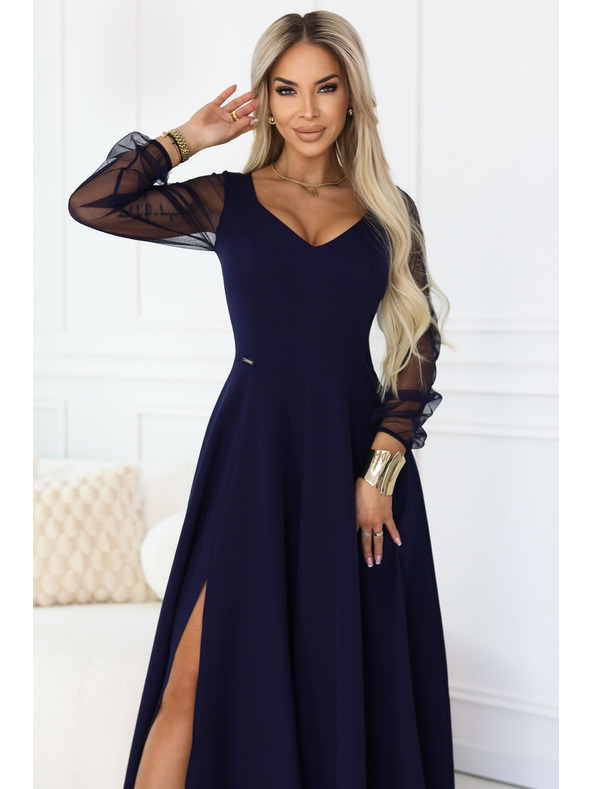 numoco LORETTA edinstvene dolge obleke z tančicami rokavi in izrezom - temno modra