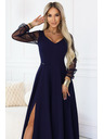 numoco LORETTA edinstvene dolge obleke z tančicami rokavi in izrezom - temno modra