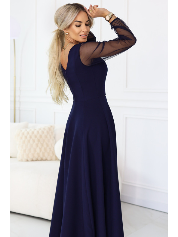 numoco LORETTA edinstvene dolge obleke z tančicami rokavi in izrezom - temno modra