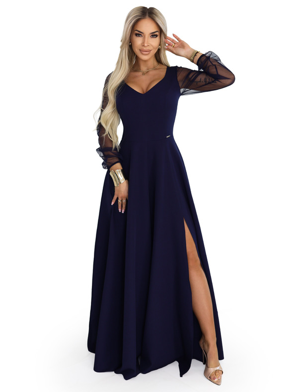numoco LORETTA edinstvene dolge obleke z tančicami rokavi in izrezom - temno modra