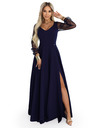 numoco LORETTA edinstvene dolge obleke z tančicami rokavi in izrezom - temno modra