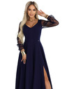 numoco LORETTA edinstvene dolge obleke z tančicami rokavi in izrezom - temno modra