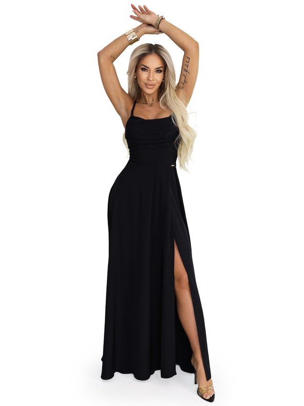 numoco Maksimalne obleke z naramnicami, s steznikom zadaj in cepinom - črne