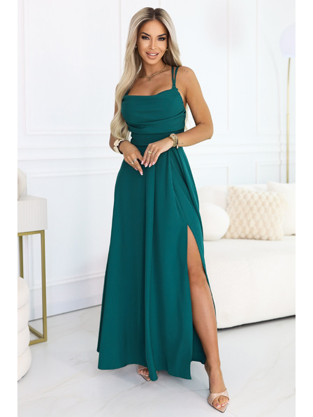 numoco Maksimalna naramničasta obleka z steznim sponkanjem zadaj in razporkom - steklenozelena