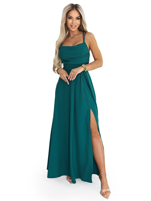 numoco Maksimalna naramničasta obleka z steznim sponkanjem zadaj in razporkom - steklenozelena