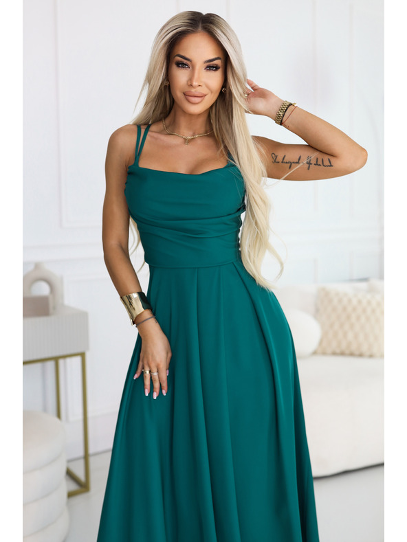 numoco Maksimalna naramničasta obleka z steznim sponkanjem zadaj in razporkom - steklenozelena