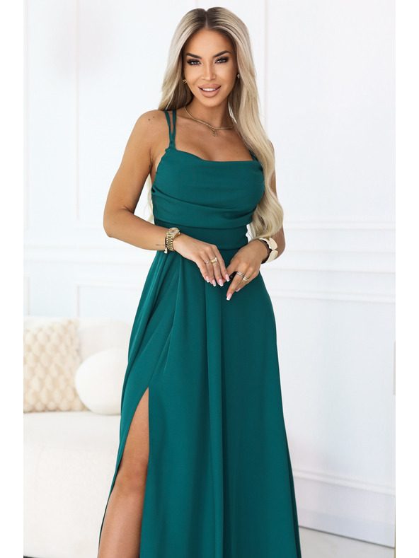 numoco Maksimalna naramničasta obleka z steznim sponkanjem zadaj in razporkom - steklenozelena