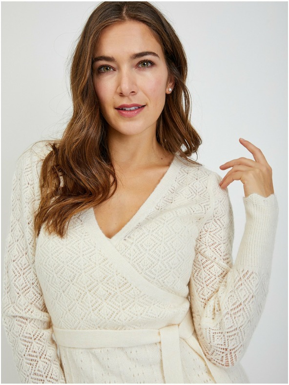 Orsay Krem ženska perforirana puloverska obleka z zavezovanjem ORSAY
