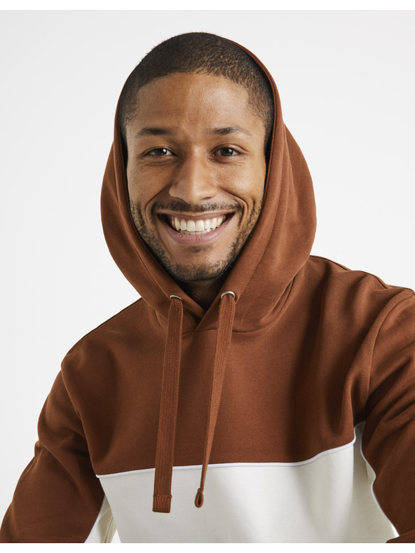 Celio Rjavo-bela moška bombažna moška jopa s kapuco Celio Debiding