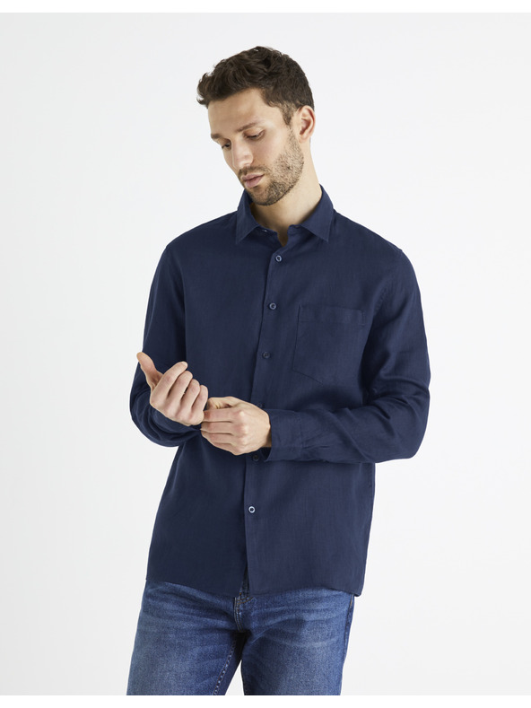 Celio Temno modra moška lanena srajca Celio Baflax