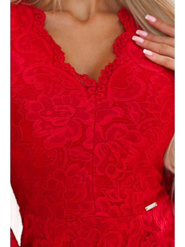 numoco Obleka s čipkastim izrezom z dolgimi rokavi - rdeča Numoco