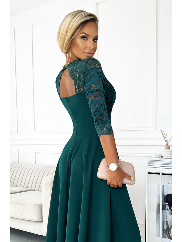 numoco Elegantna čipkasta dolga obleka z dekoltejem - zelena Numoco AMBER