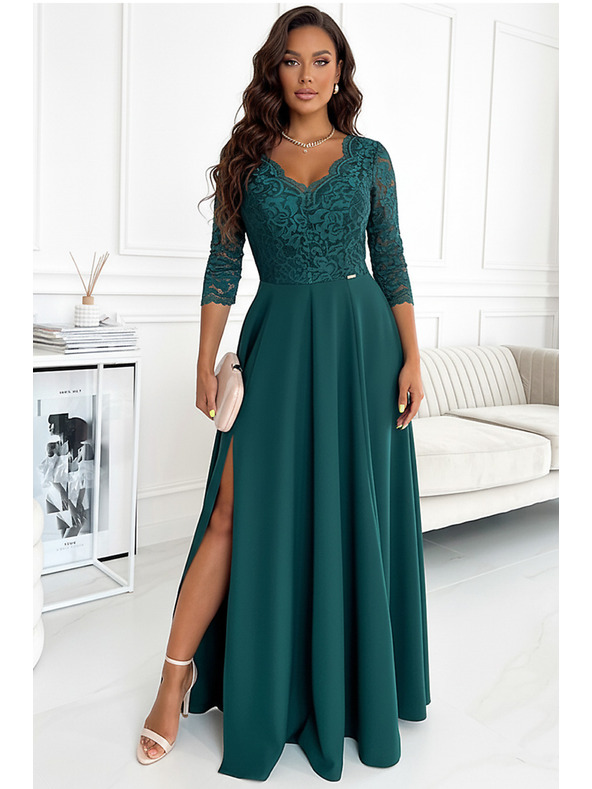 numoco Elegantna čipkasta dolga obleka z dekoltejem - zelena Numoco AMBER