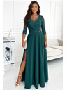 numoco Elegantna čipkasta dolga obleka z dekoltejem - zelena Numoco AMBER