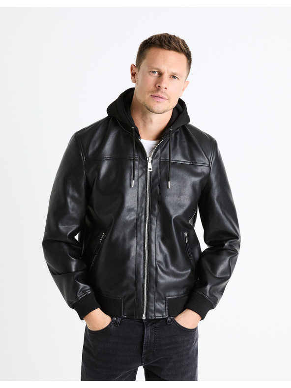 Celio Črna moška usnjena jakna s kapuco Celio Fumati