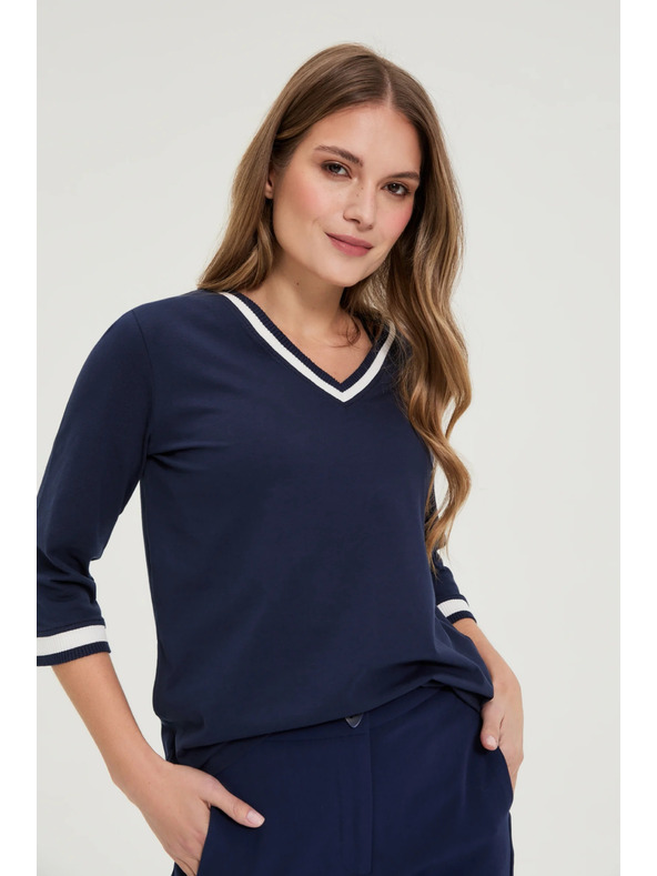 Moodo Bombažna bluza z V-izrezom mornarsko modre barve Moodo