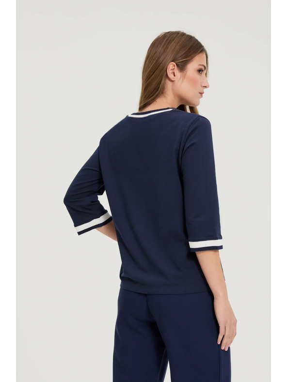 Moodo Bombažna bluza z V-izrezom mornarsko modre barve Moodo