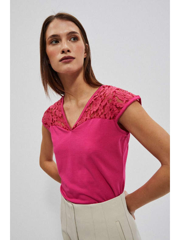 Moodo Rožnata bluza z V-izrezom in čipko Moodo
