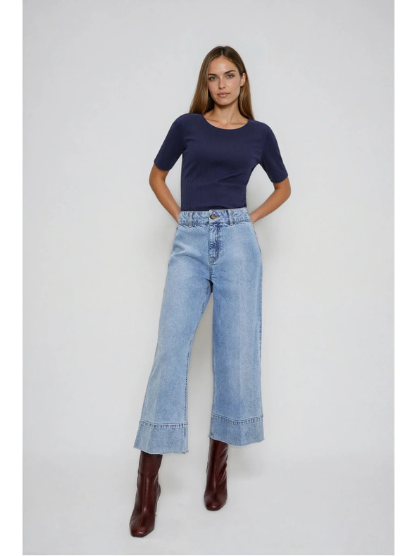 Moodo Temno modra bluza iz rebrastega materiala Moodo